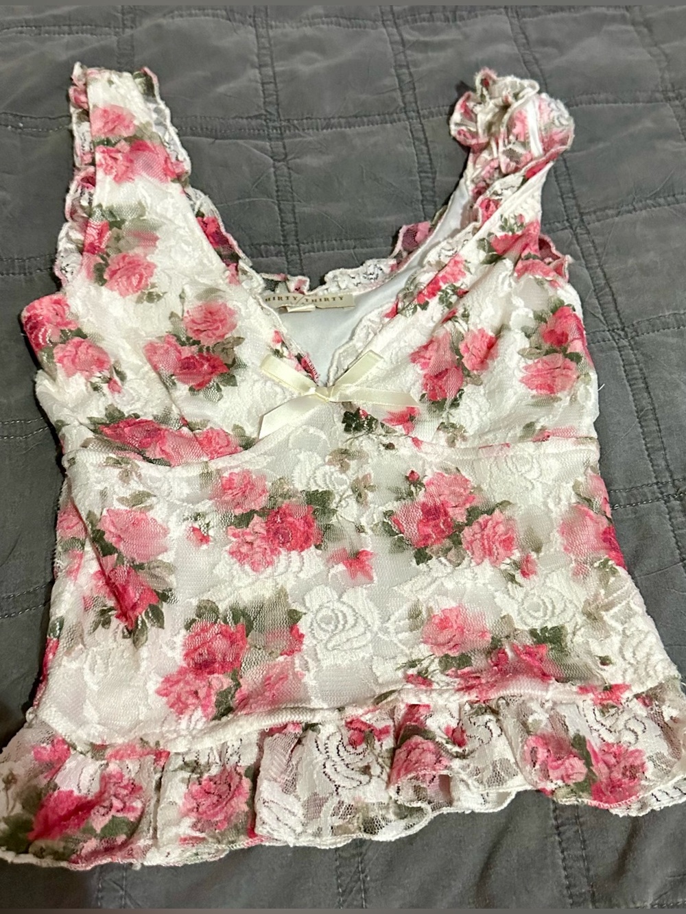 Floral Lace Ruffle Tank Top - Pink Roses on White